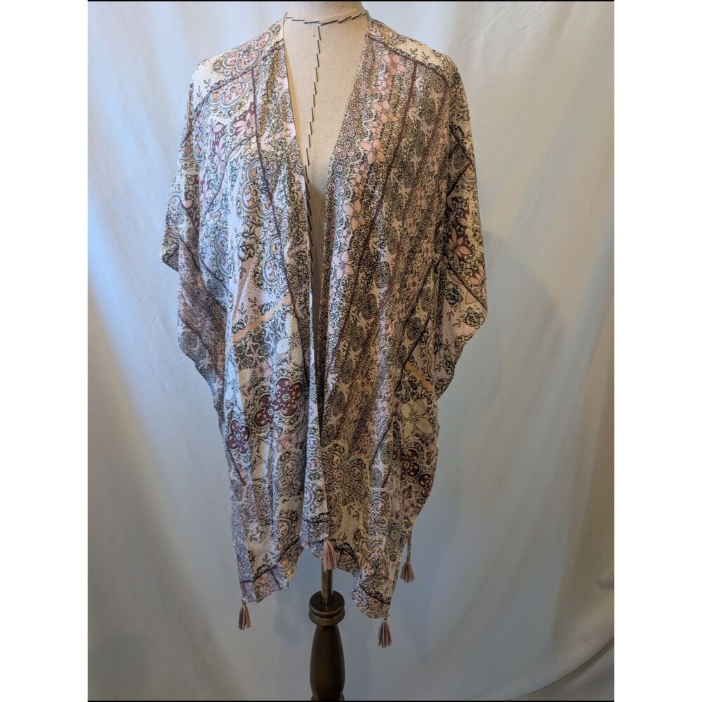Boho Paisley Kimono Cardigan in Cream and Blush tassels